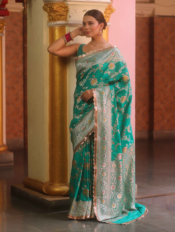 Banarasee Handwoven Semi Katan Saree With Hand Paint Zari Jaal Design & Lace-Spring Green