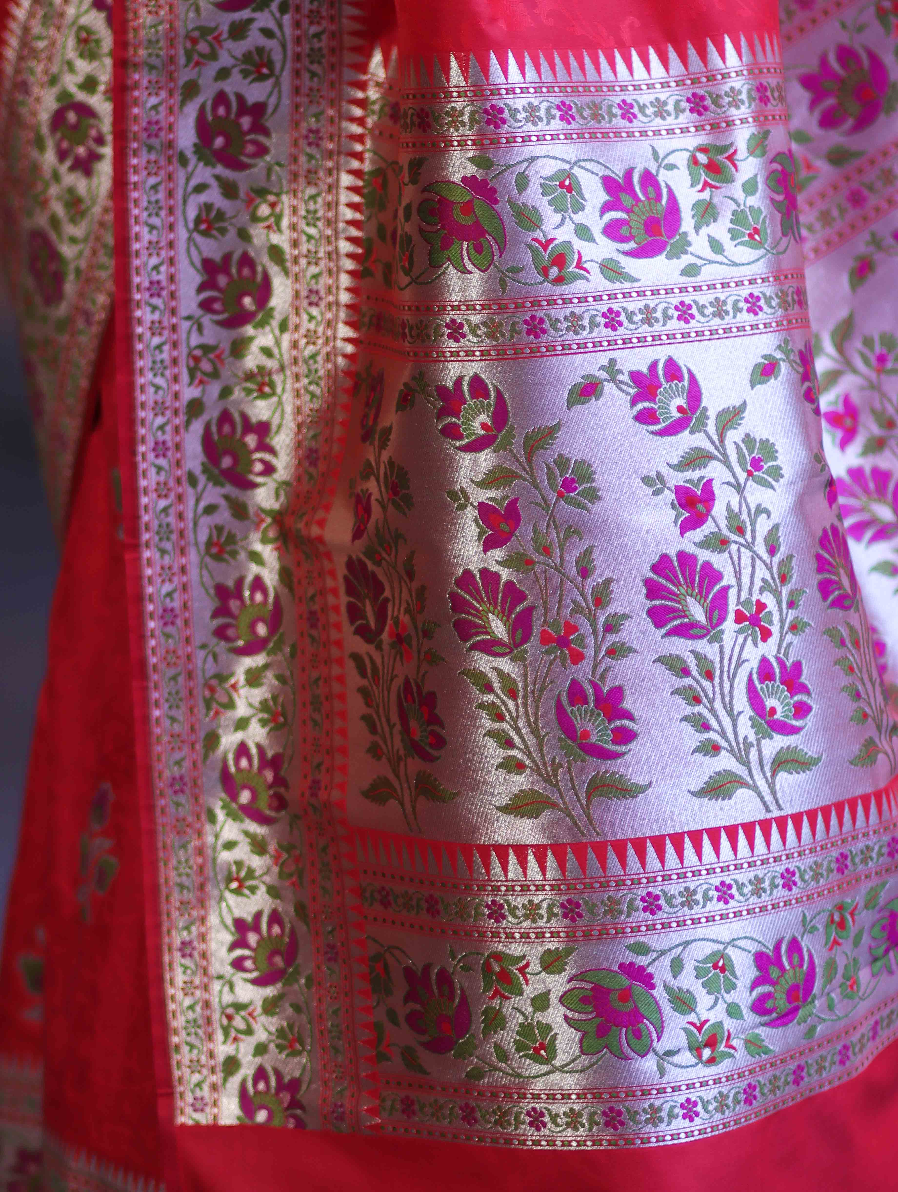 Banarasee Handloom Semi Katan Meena Work Saree-Red