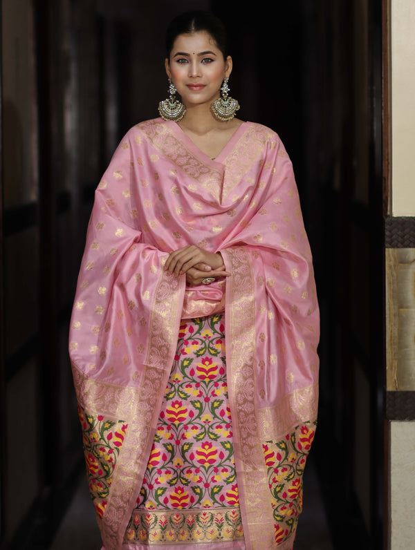 Banarasee Semi-Silk Zari & Resham Work Salwar Kameez Fabric With Dupatta Set-Light Pink