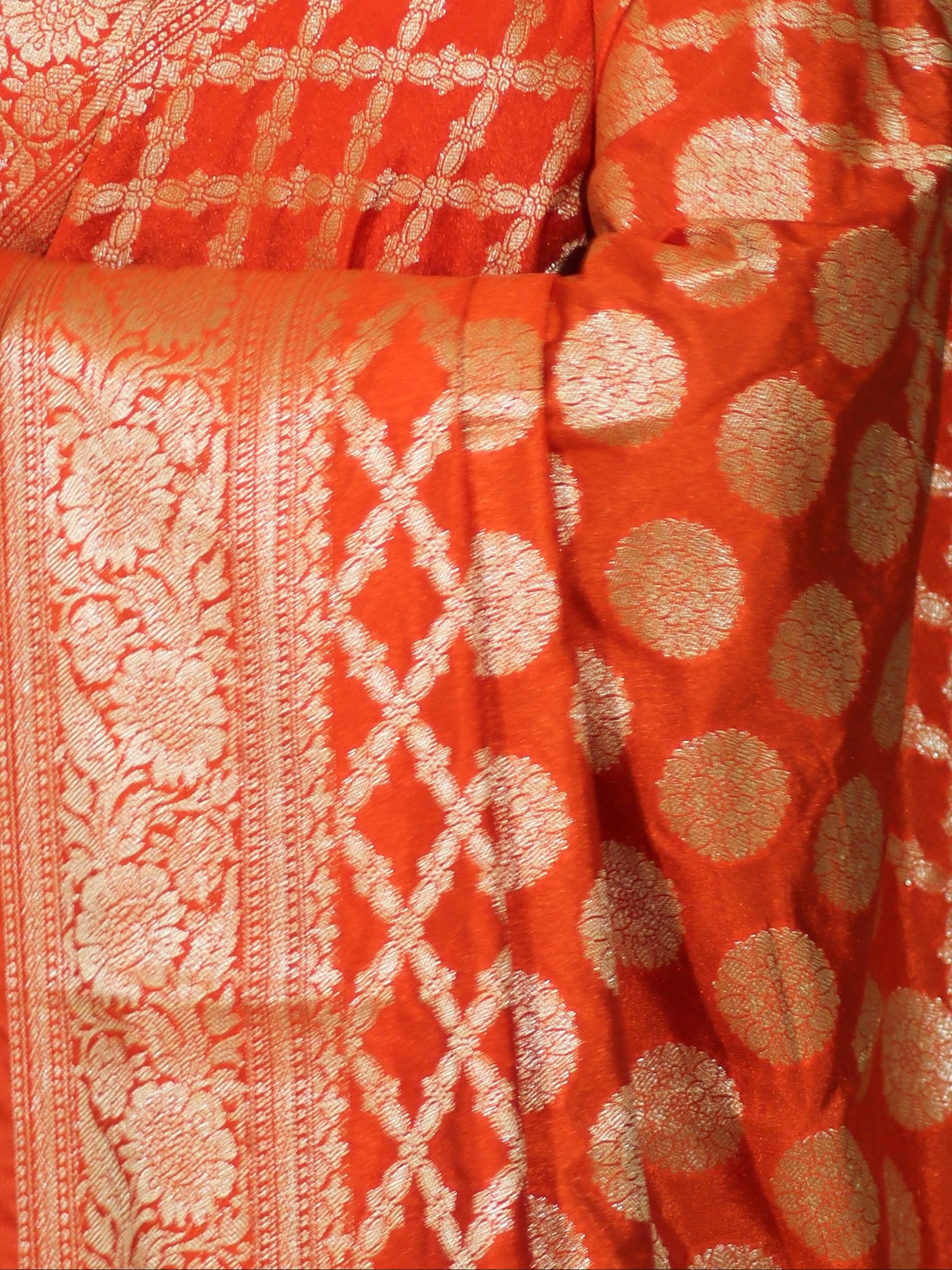 Banarasee Handloom Semi Silk Saree With Zari Jaal Design & Buta Work-Orange