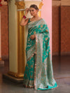 Banarasee Handwoven Semi Katan Saree With Hand Paint Zari Jaal Design & Lace-Spring Green