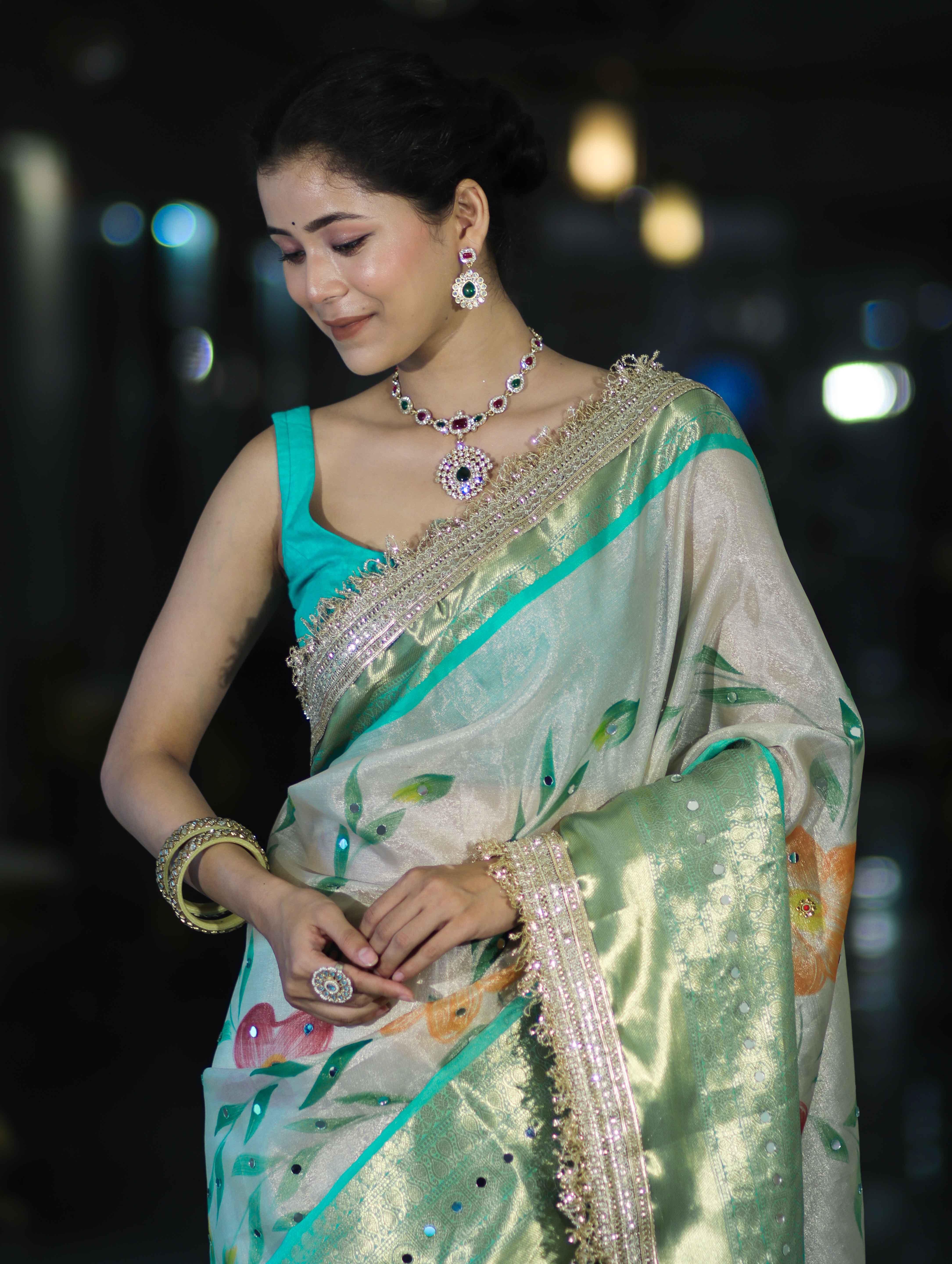 Banarasee Tissue Hand Embroidered Mirror Work Saree With Digital Prints & Lace-Cream & Green