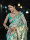 Banarasee Tissue Hand Embroidered Mirror Work Saree With Digital Prints & Lace-Cream & Green