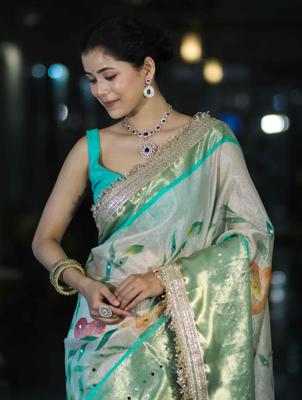 Banarasee Tissue Hand Embroidered Mirror Work Saree With Digital Prints & Lace-Cream & Green