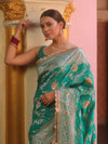 Banarasee Handwoven Semi Katan Saree With Hand Paint Zari Jaal Design & Lace-Spring Green