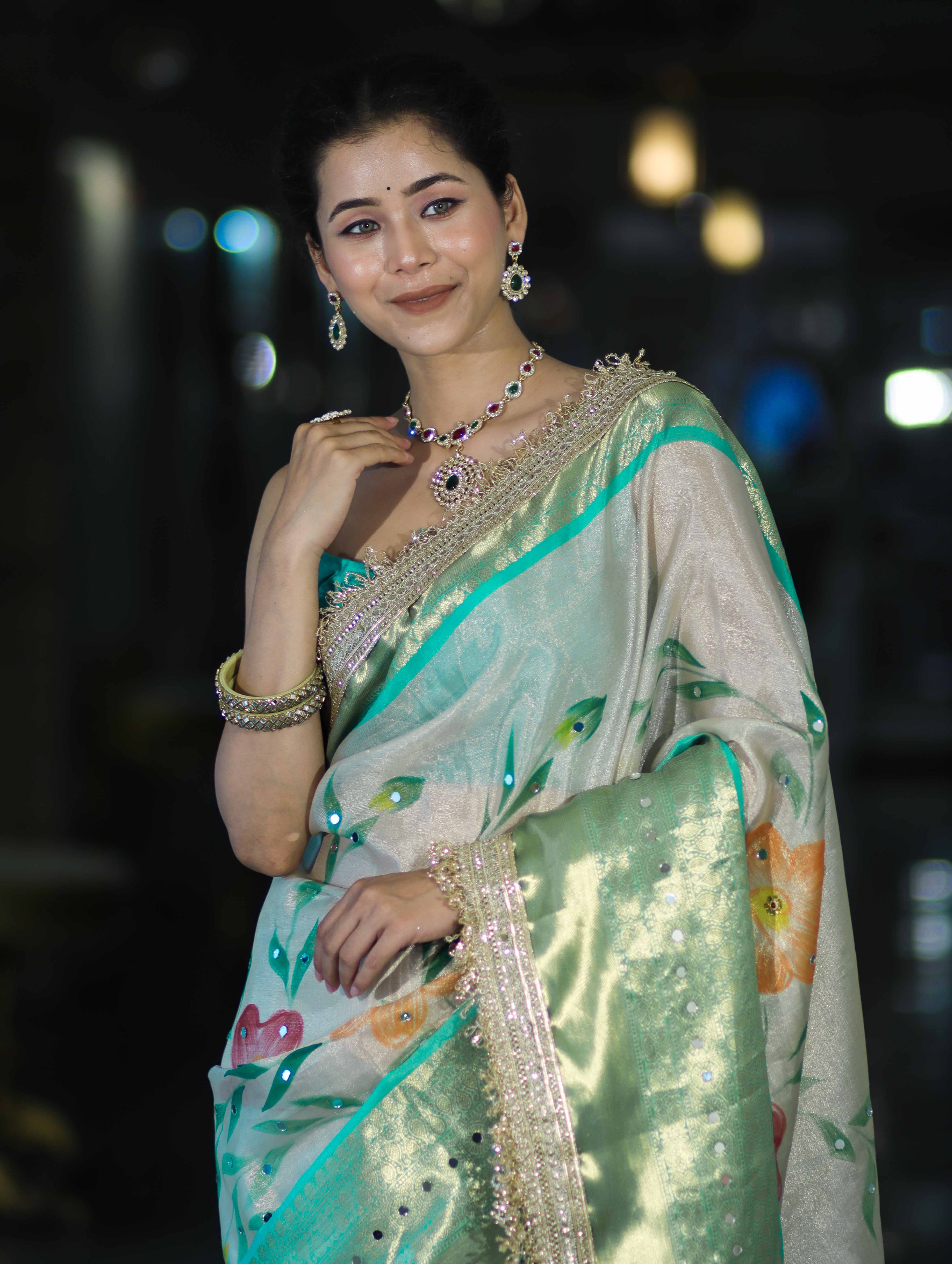 Banarasee Tissue Hand Embroidered Mirror Work Saree With Digital Prints & Lace-Cream & Green