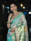 Banarasee Tissue Hand Embroidered Mirror Work Saree With Digital Prints & Lace-Cream & Green
