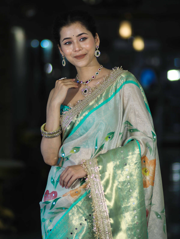 Banarasee Tissue Hand Embroidered Mirror Work Saree With Digital Prints & Lace-Cream & Green