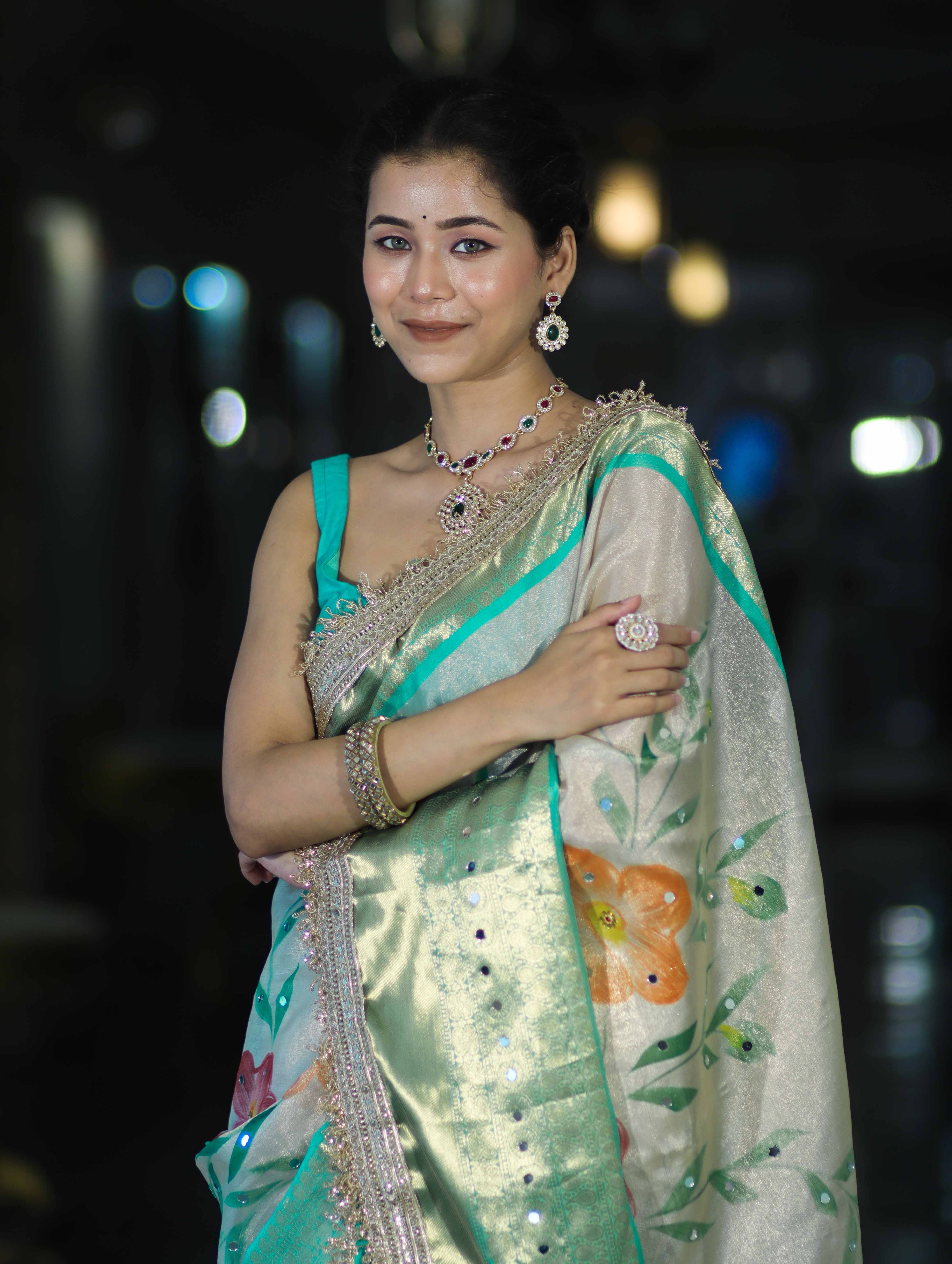 Banarasee Tissue Hand Embroidered Mirror Work Saree With Digital Prints & Lace-Cream & Green