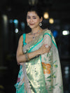 Banarasee Tissue Hand Embroidered Mirror Work Saree With Digital Prints & Lace-Cream & Green