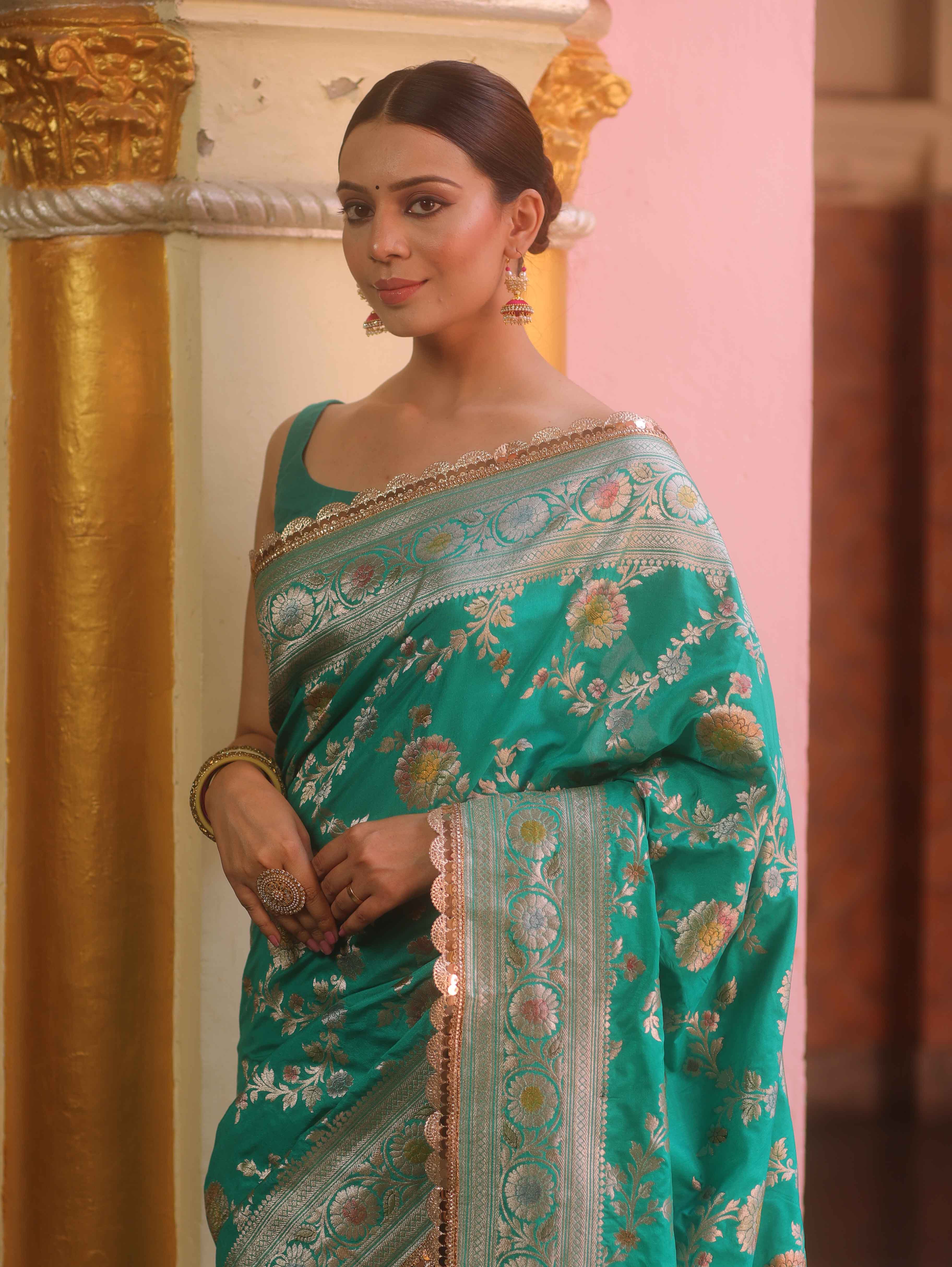 Banarasee Handwoven Semi Katan Saree With Hand Paint Zari Jaal Design & Lace-Spring Green