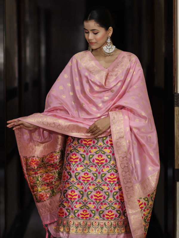 Banarasee Semi-Silk Zari & Resham Work Salwar Kameez Fabric With Dupatta Set-Light Pink