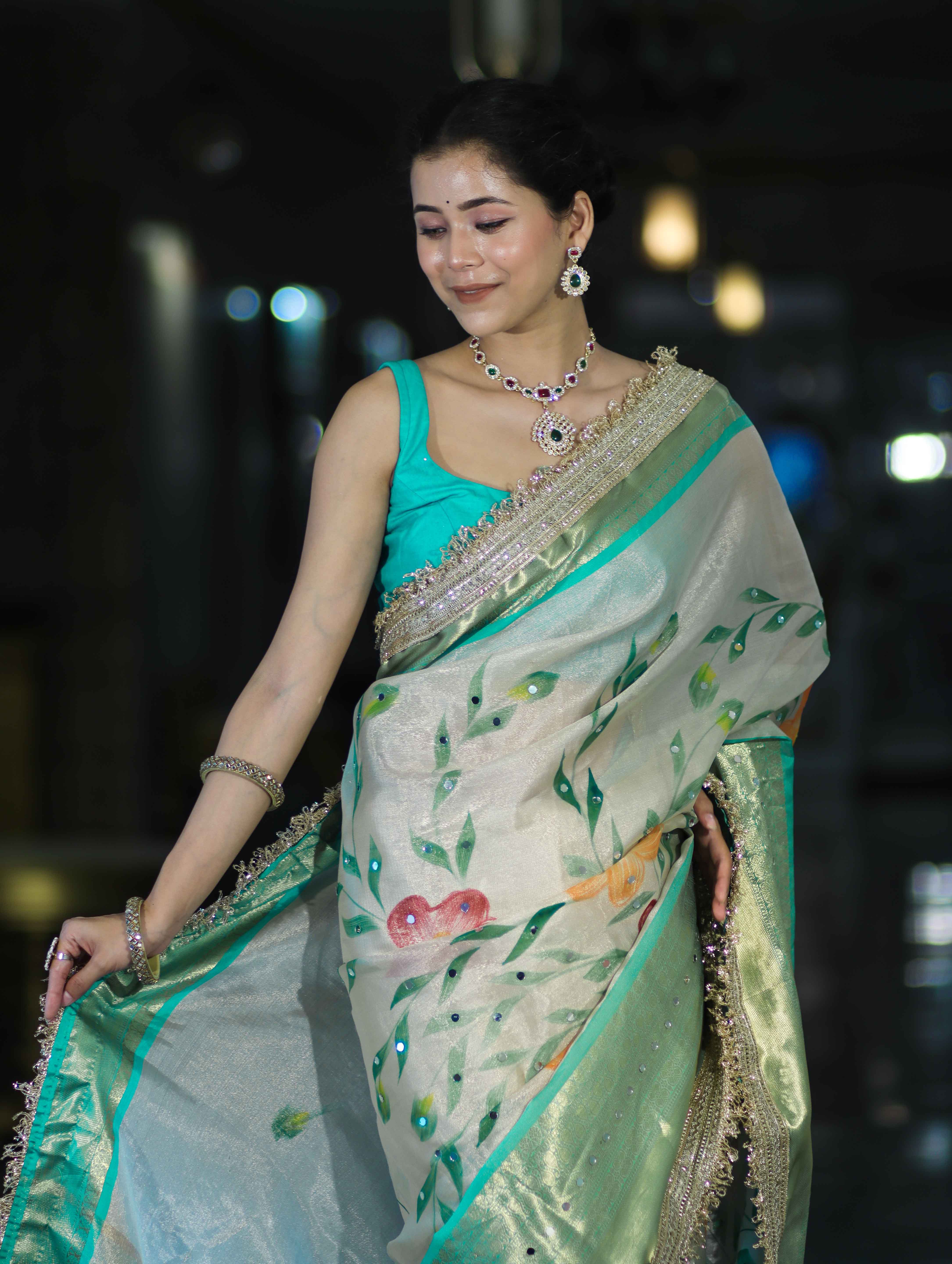 Banarasee Tissue Hand Embroidered Mirror Work Saree With Digital Prints & Lace-Cream & Green