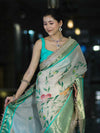 Banarasee Tissue Hand Embroidered Mirror Work Saree With Digital Prints & Lace-Cream & Green