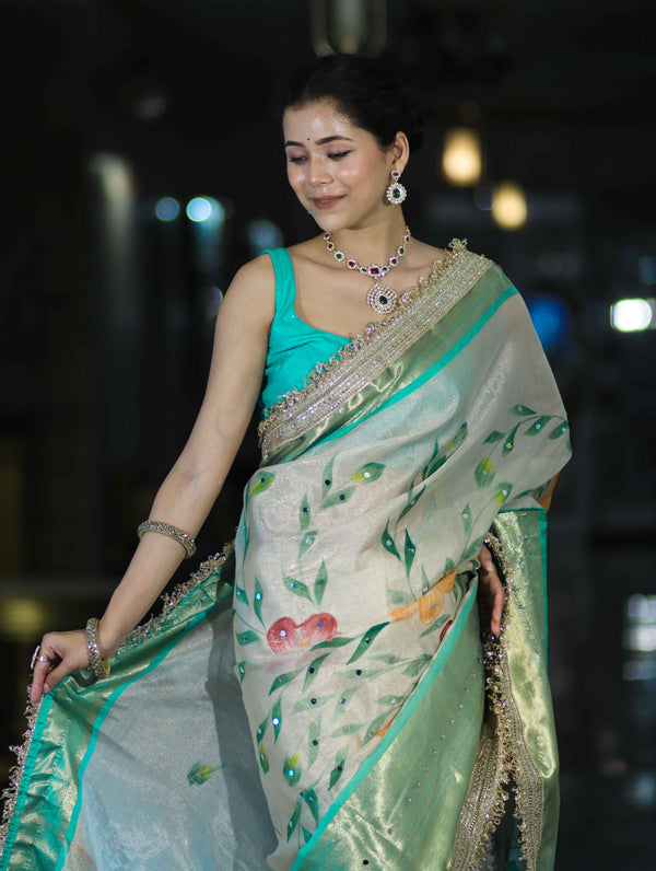 Banarasee Tissue Hand Embroidered Mirror Work Saree With Digital Prints & Lace-Cream & Green