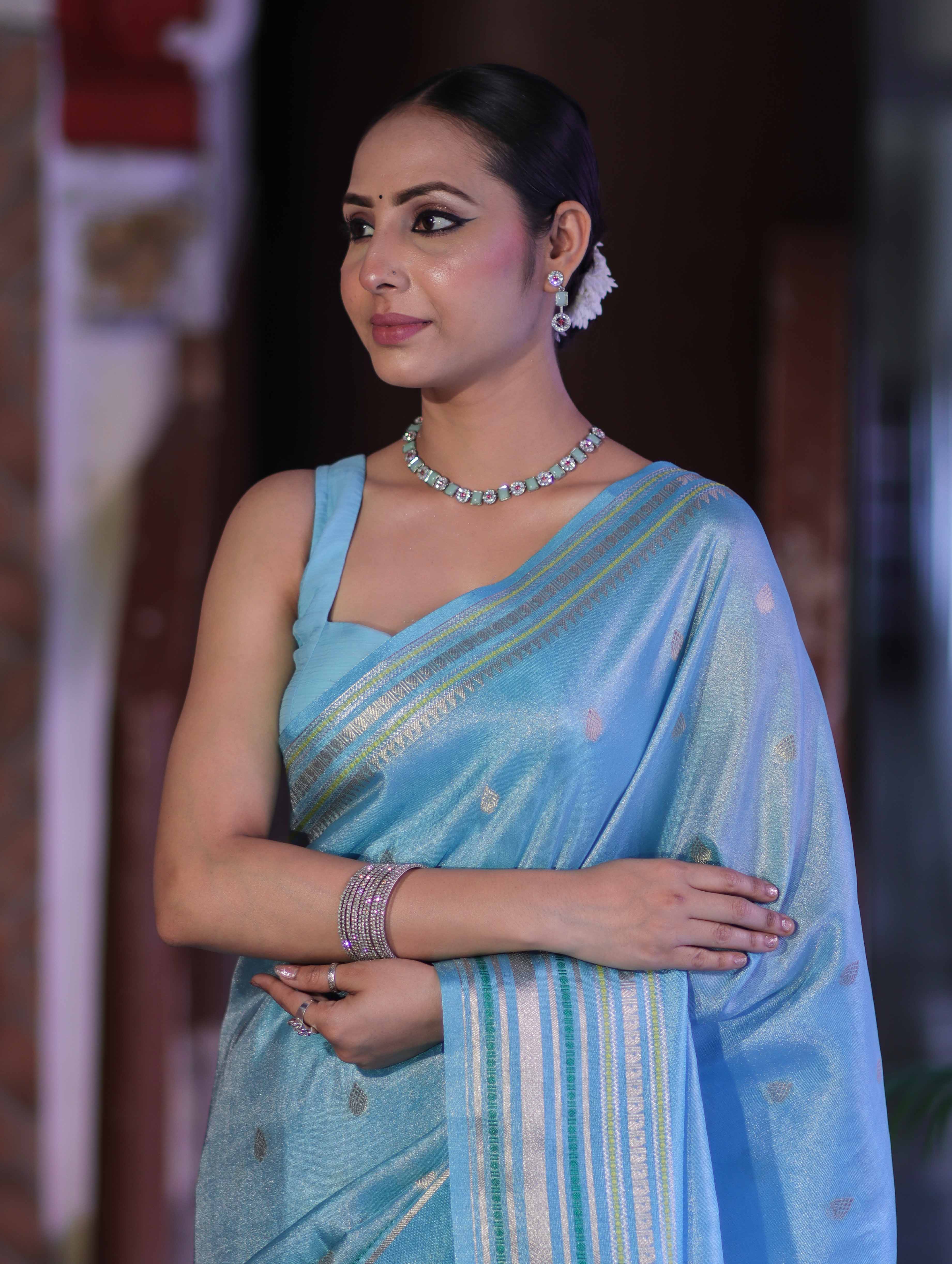 Banarasee Handloom Tissue Saree With Buti Design & Striped Zari Border-Sky Blue