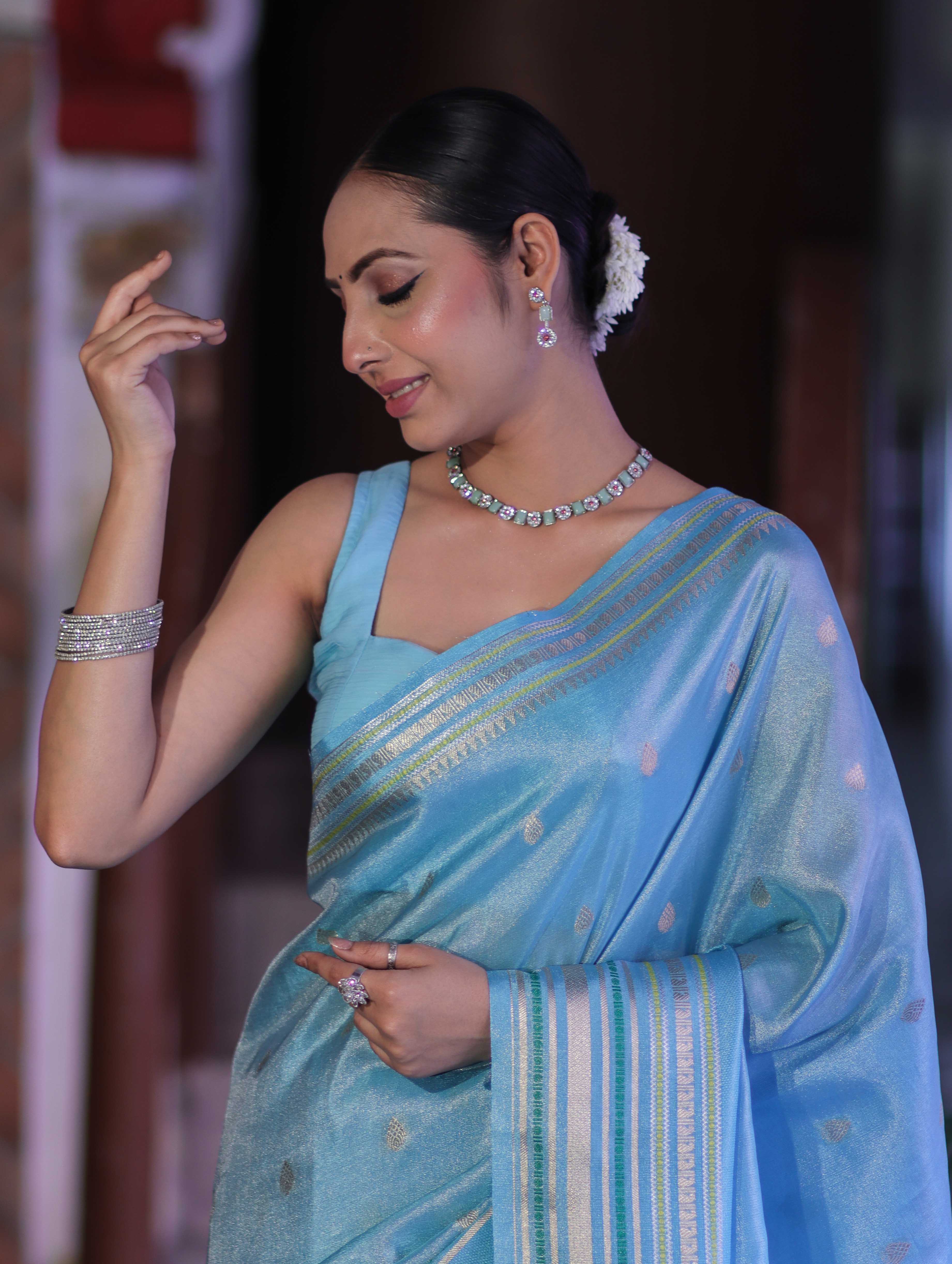 Banarasee Handloom Tissue Saree With Buti Design & Striped Zari Border-Sky Blue