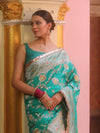 Banarasee Handwoven Semi Katan Saree With Hand Paint Zari Jaal Design & Lace-Spring Green