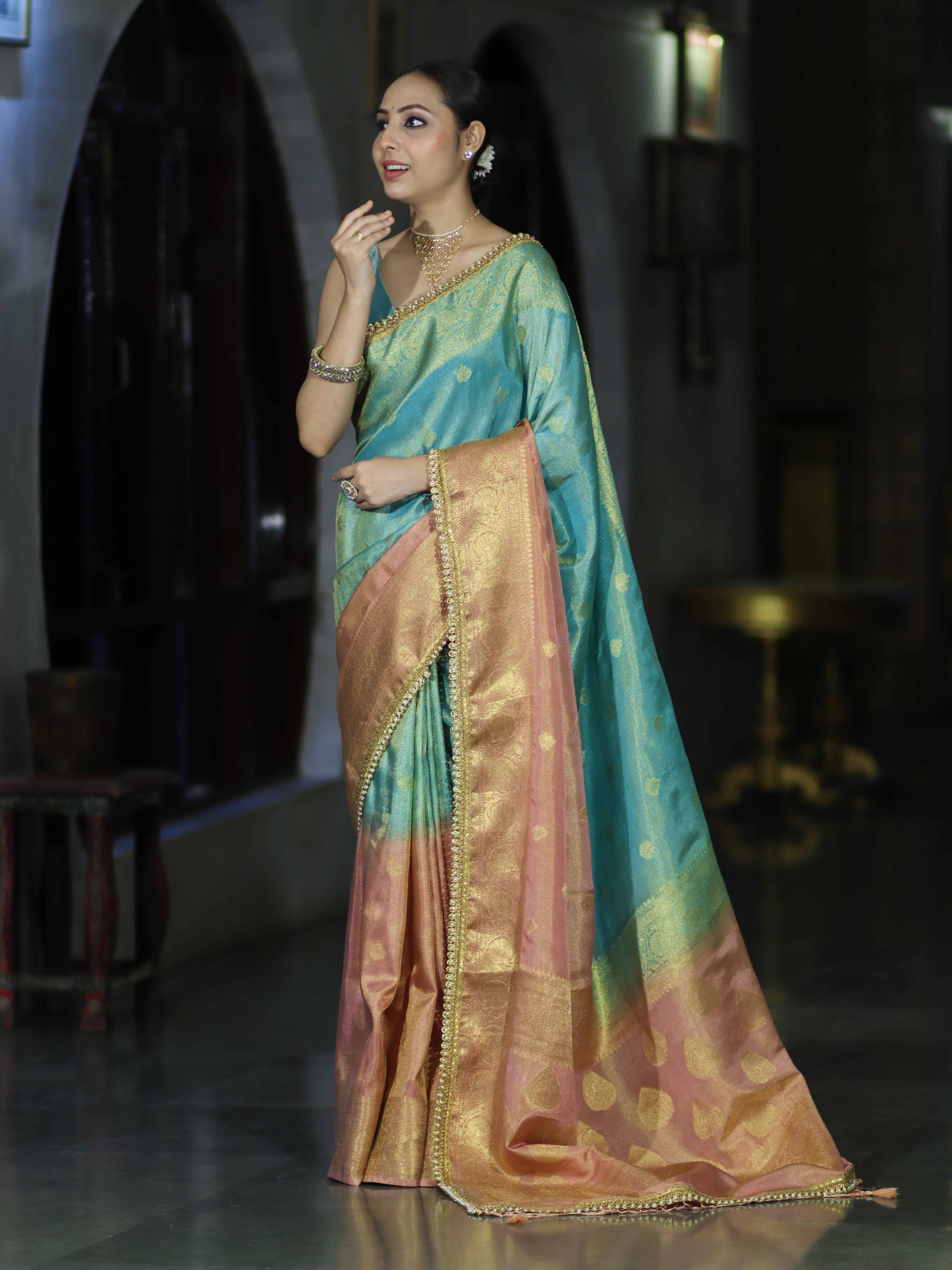 Banarasee Handloom Dual Color Tissue Silk Saree With Zari Buta Design Border & Lace-Light Blue & Peachy Pink