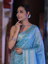 Banarasee Handloom Tissue Saree With Buti Design & Striped Zari Border-Sky Blue