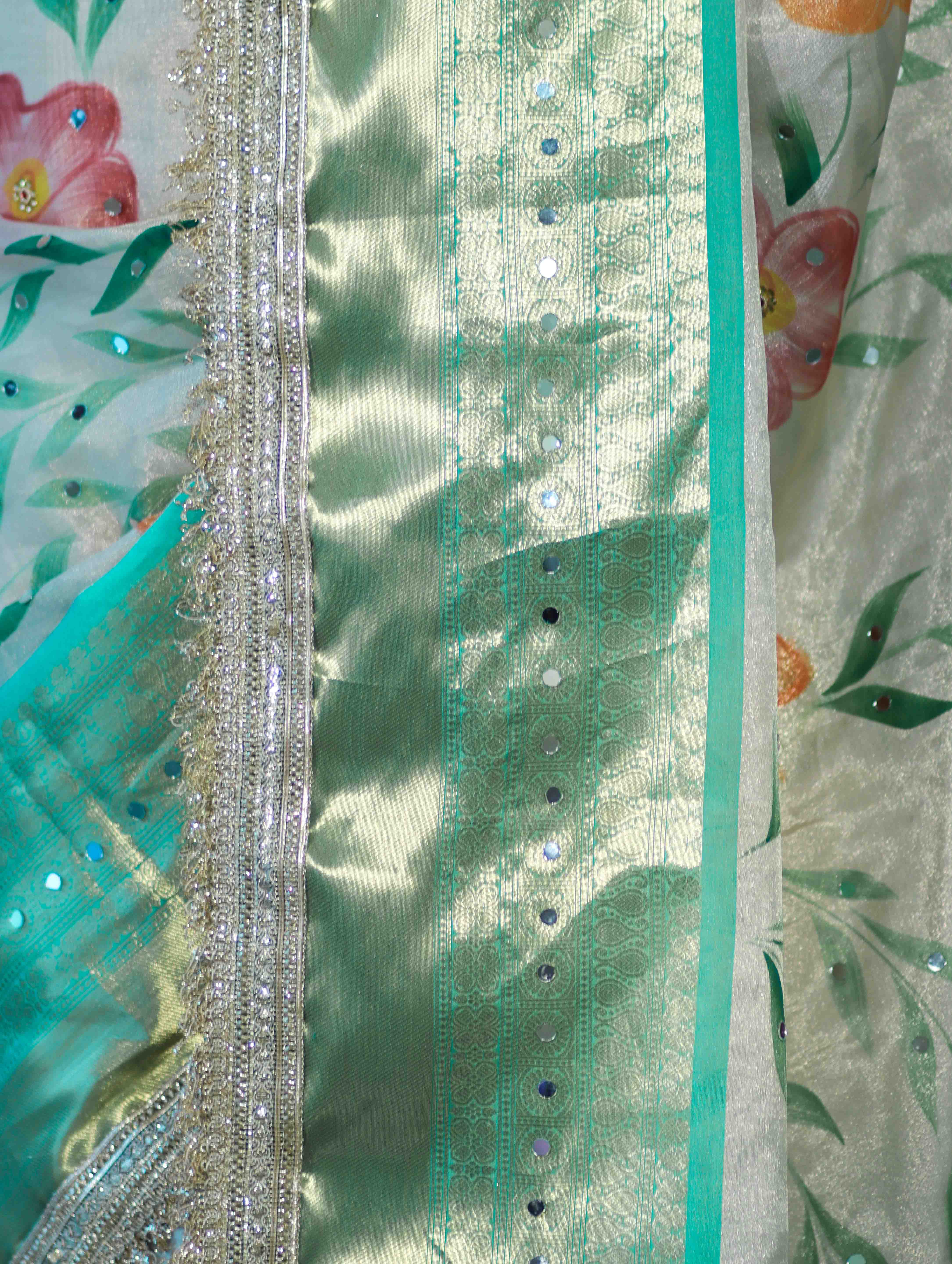 Banarasee Tissue Hand Embroidered Mirror Work Saree With Digital Prints & Lace-Cream & Green