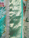 Banarasee Tissue Hand Embroidered Mirror Work Saree With Digital Prints & Lace-Cream & Green