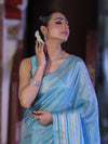 Banarasee Handloom Tissue Saree With Buti Design & Striped Zari Border-Sky Blue