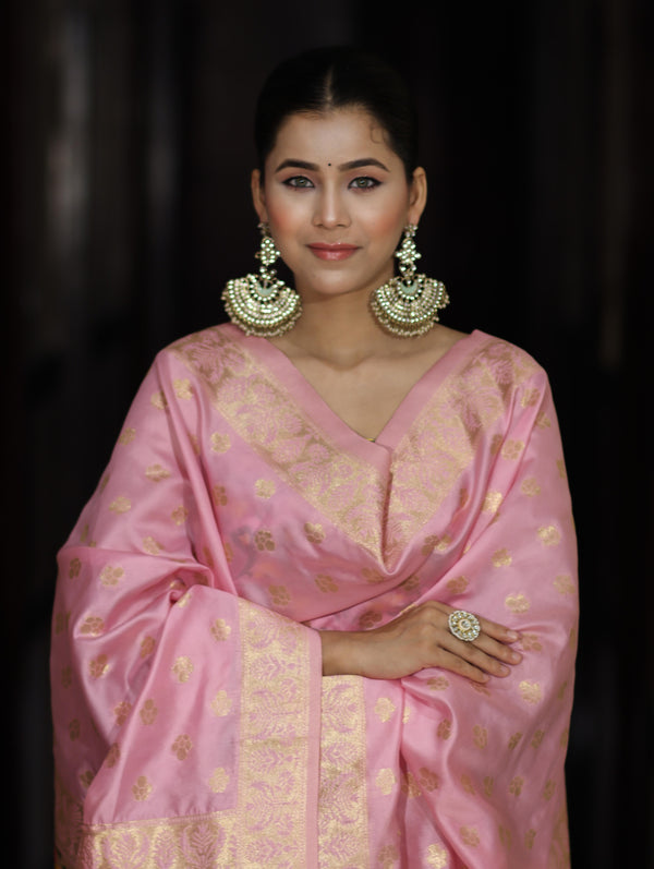 Banarasee Semi-Silk Zari & Resham Work Salwar Kameez Fabric With Dupatta Set-Light Pink