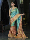 Banarasee Handloom Dual Color Tissue Silk Saree With Zari Buta Design Border & Lace-Light Blue & Peachy Pink