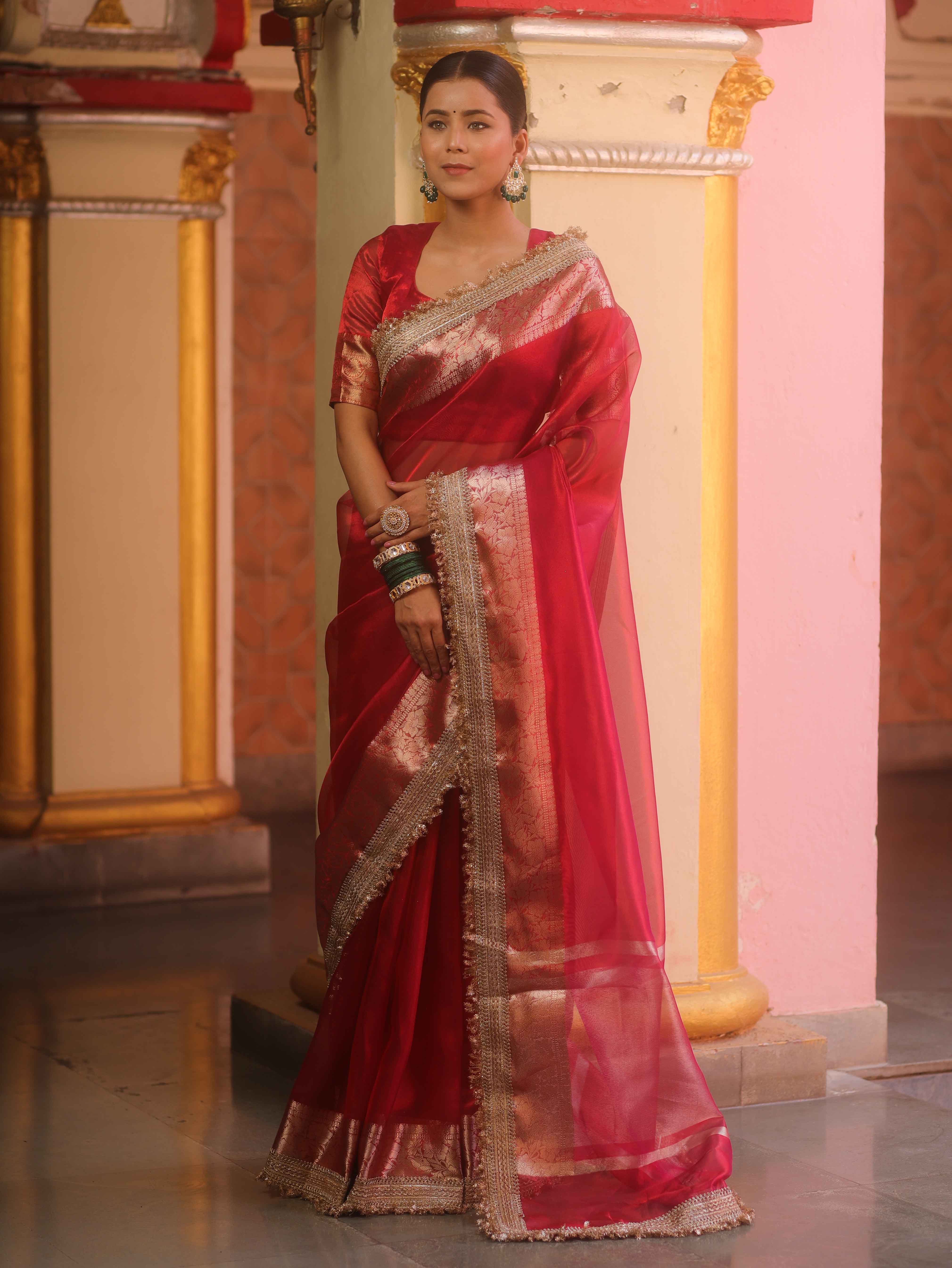 Banarasee Handwoven Plain Tissue Saree With Zari Border & Lace-Red