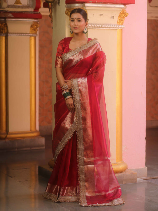 Banarasee Handwoven Plain Tissue Saree With Zari Border & Lace-Red