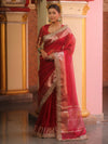 Banarasee Handwoven Plain Tissue Saree With Zari Border & Lace-Red
