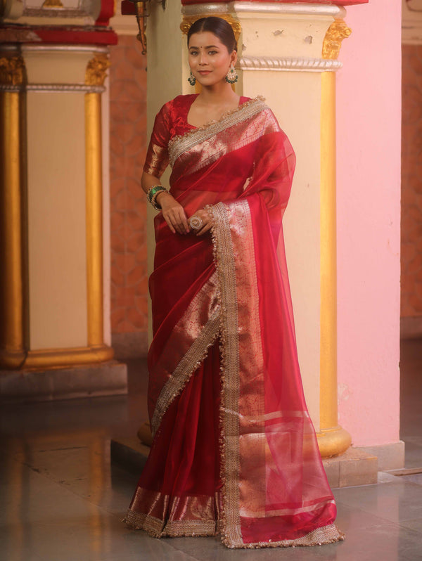 Banarasee Handwoven Plain Tissue Saree With Zari Border & Lace-Red