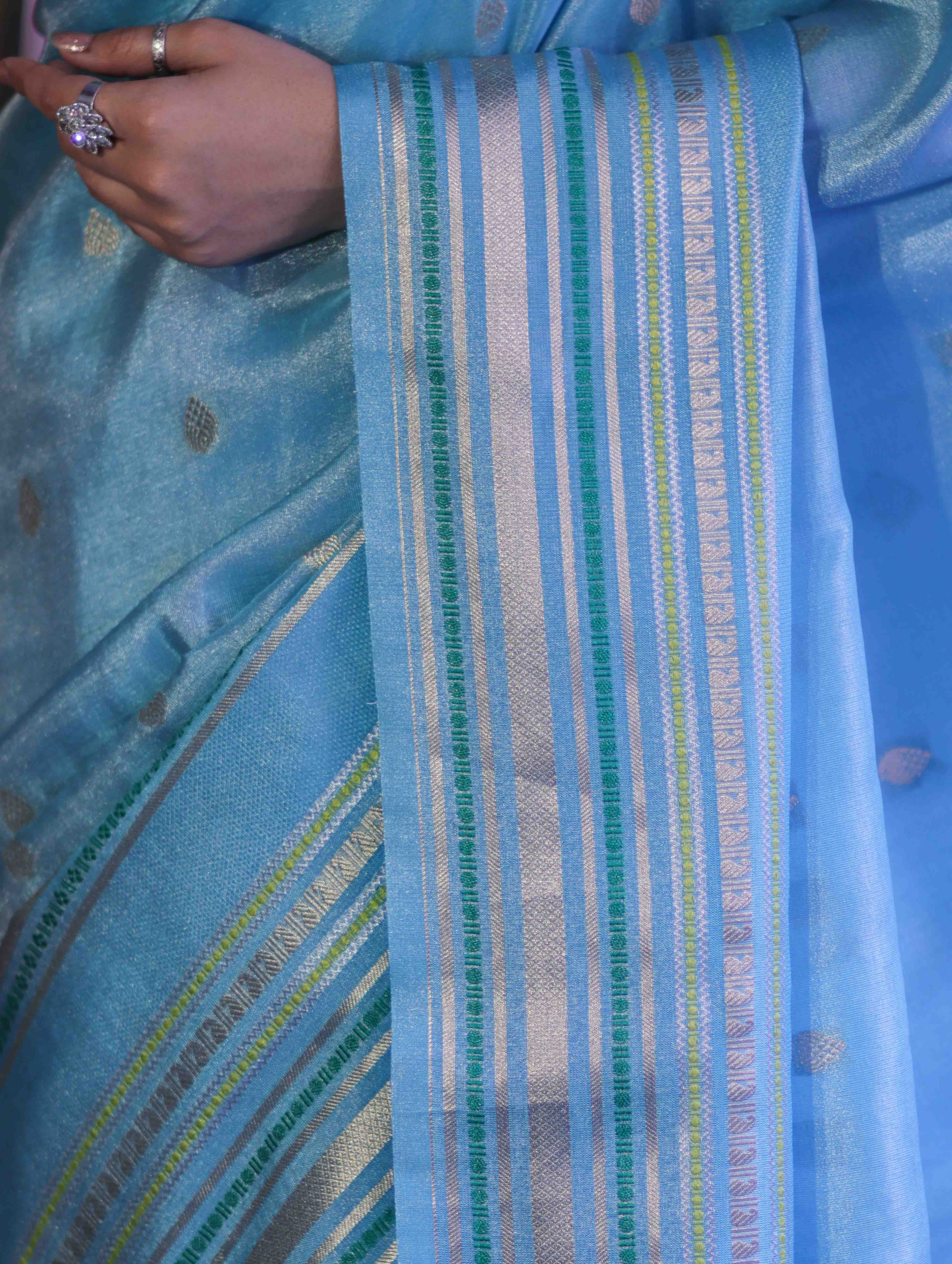 Banarasee Handloom Tissue Saree With Buti Design & Striped Zari Border-Sky Blue