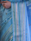 Banarasee Handloom Tissue Saree With Buti Design & Striped Zari Border-Sky Blue