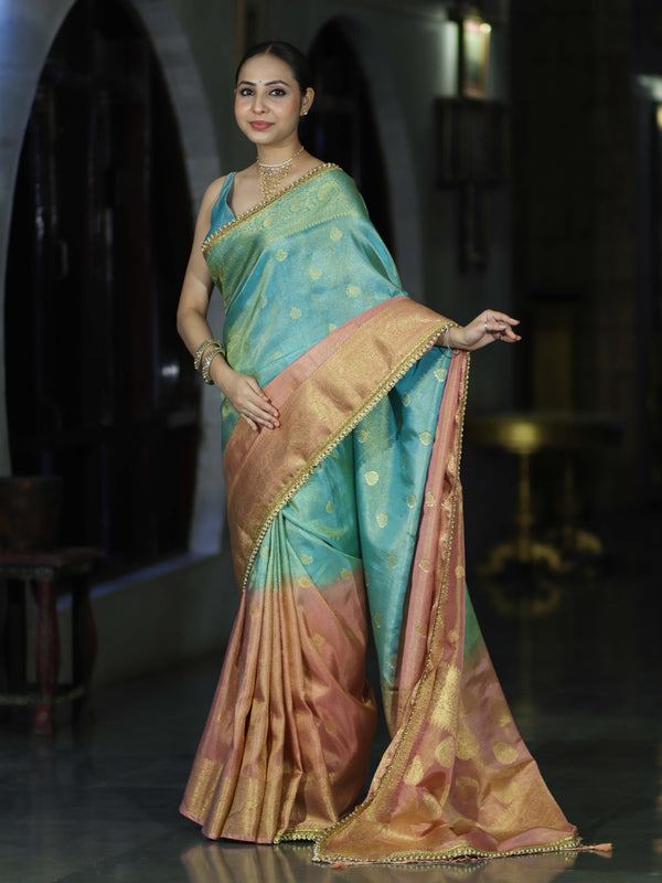 Banarasee Handloom Dual Color Tissue Silk Saree With Zari Buta Design Border & Lace-Light Blue & Peachy Pink