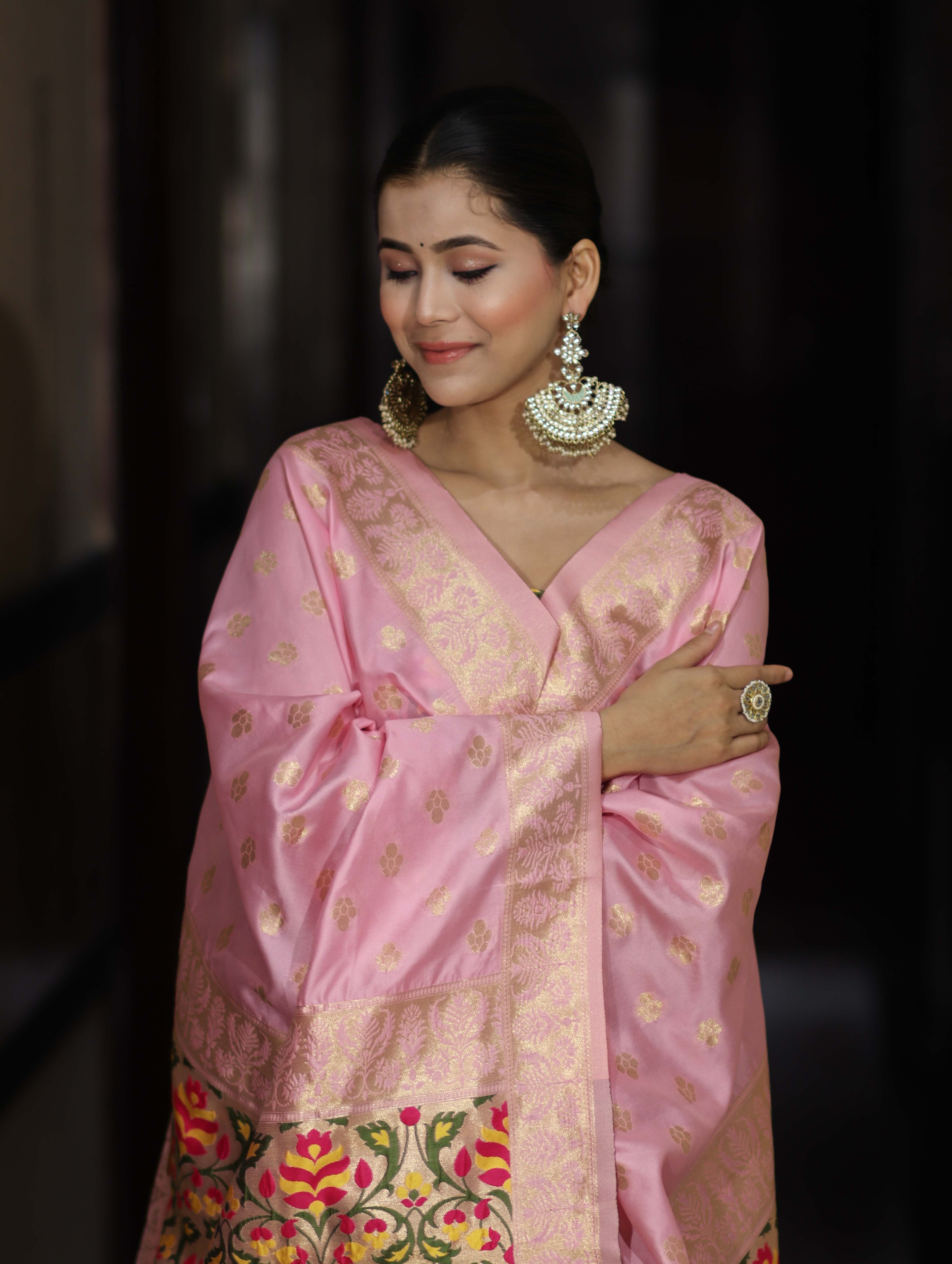 Banarasee Semi-Silk Zari & Resham Work Salwar Kameez Fabric With Dupatta Set-Light Pink