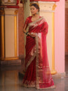 Banarasee Handwoven Plain Tissue Saree With Zari Border & Lace-Red