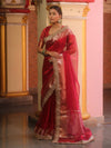 Banarasee Handwoven Plain Tissue Saree With Zari Border & Lace-Red