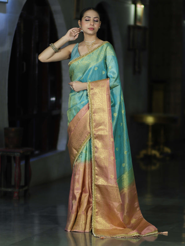 Banarasee Handloom Dual Color Tissue Silk Saree With Zari Buta Design Border & Lace-Light Blue & Peachy Pink