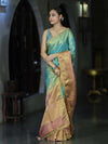 Banarasee Handloom Dual Color Tissue Silk Saree With Zari Buta Design Border & Lace-Light Blue & Peachy Pink