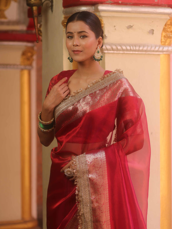 Banarasee Handwoven Plain Tissue Saree With Zari Border & Lace-Red