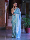 Banarasee Handloom Tissue Saree With Buti Design & Striped Zari Border-Sky Blue