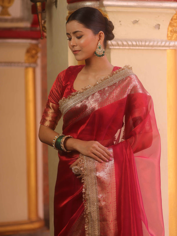 Banarasee Handwoven Plain Tissue Saree With Zari Border & Lace-Red