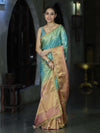Banarasee Handloom Dual Color Tissue Silk Saree With Zari Buta Design Border & Lace-Light Blue & Peachy Pink