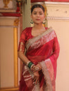 Banarasee Handwoven Plain Tissue Saree With Zari Border & Lace-Red