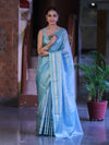 Banarasee Handloom Tissue Saree With Buti Design & Striped Zari Border-Sky Blue