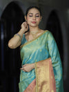 Banarasee Handloom Dual Color Tissue Silk Saree With Zari Buta Design Border & Lace-Light Blue & Peachy Pink