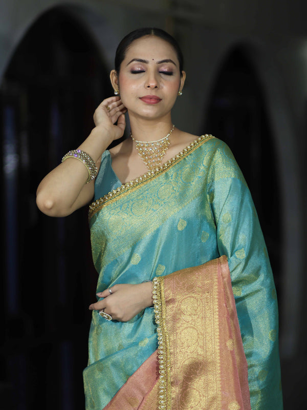 Banarasee Handloom Dual Color Tissue Silk Saree With Zari Buta Design Border & Lace-Light Blue & Peachy Pink