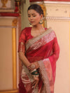 Banarasee Handwoven Plain Tissue Saree With Zari Border & Lace-Red